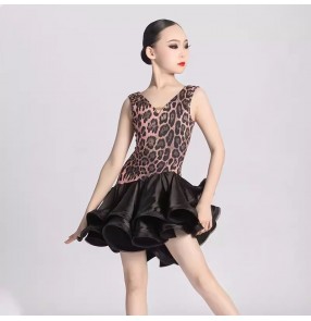 Black with leopard ruffles latin ballroom dance dresses for girls kids children salsa rumba chacha dancing skirts for Children